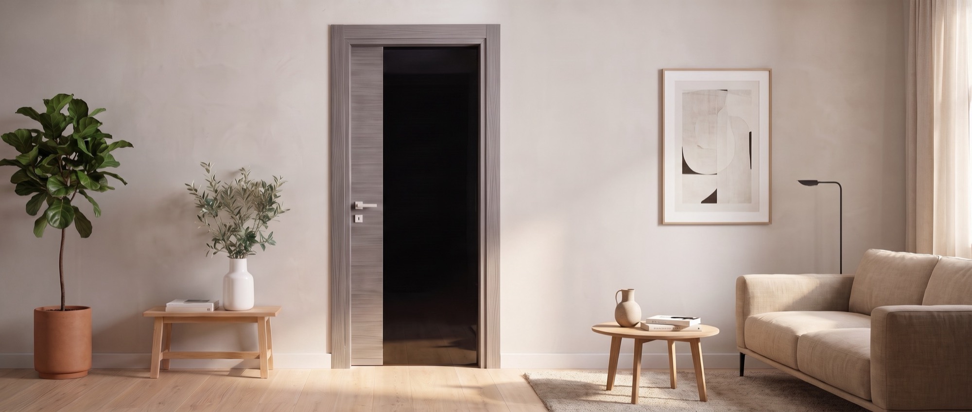 Porta Novità Vetro 01 con il vetro nero e il legno grigio, in un soggiorno